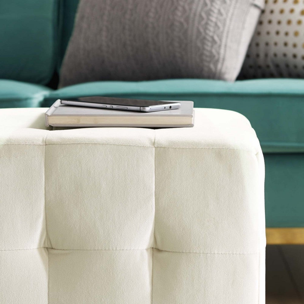 Contour Tufted Cube Performance Velvet Ottoman, Ivory