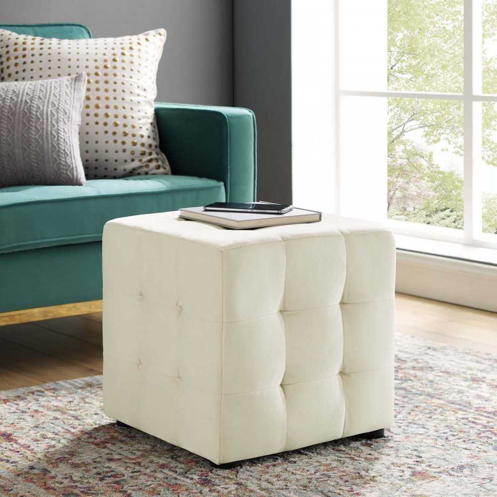 Contour Tufted Cube Performance Velvet Ottoman, Ivory