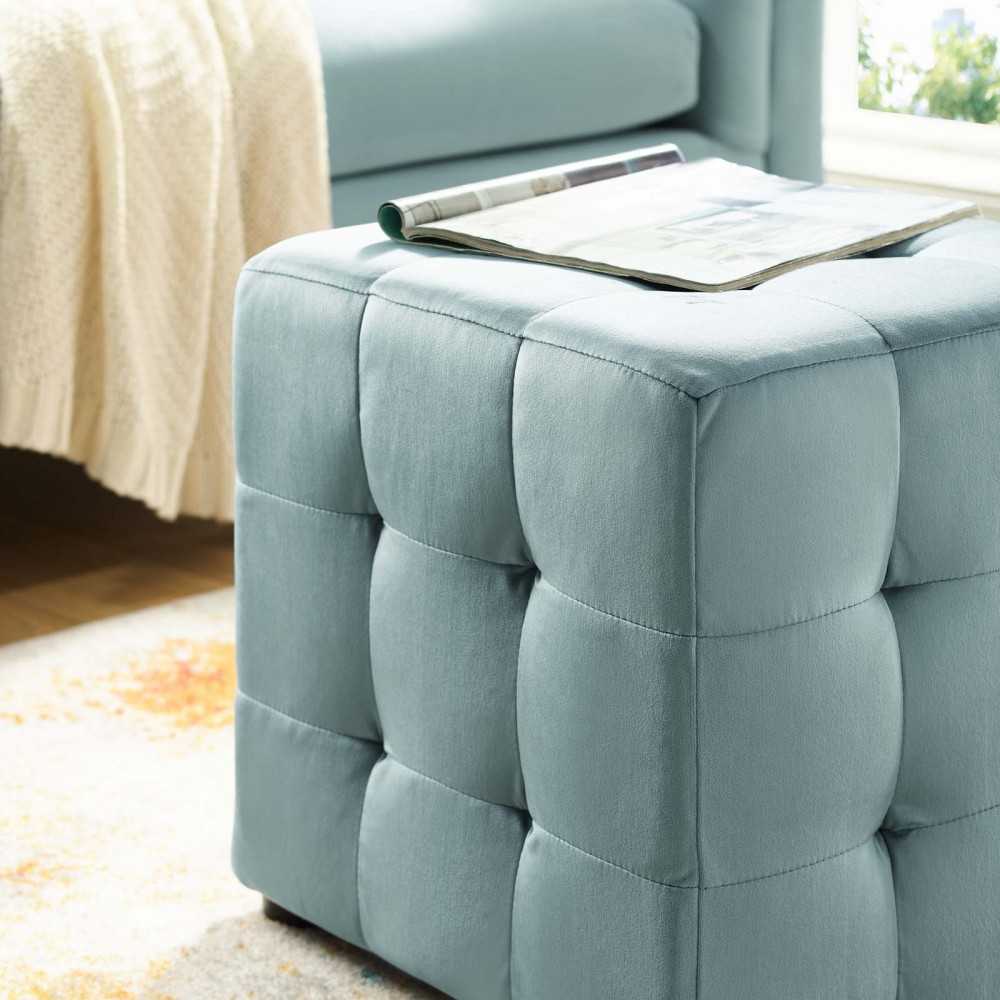 Contour Tufted Cube Performance Velvet Ottoman, Light Blue