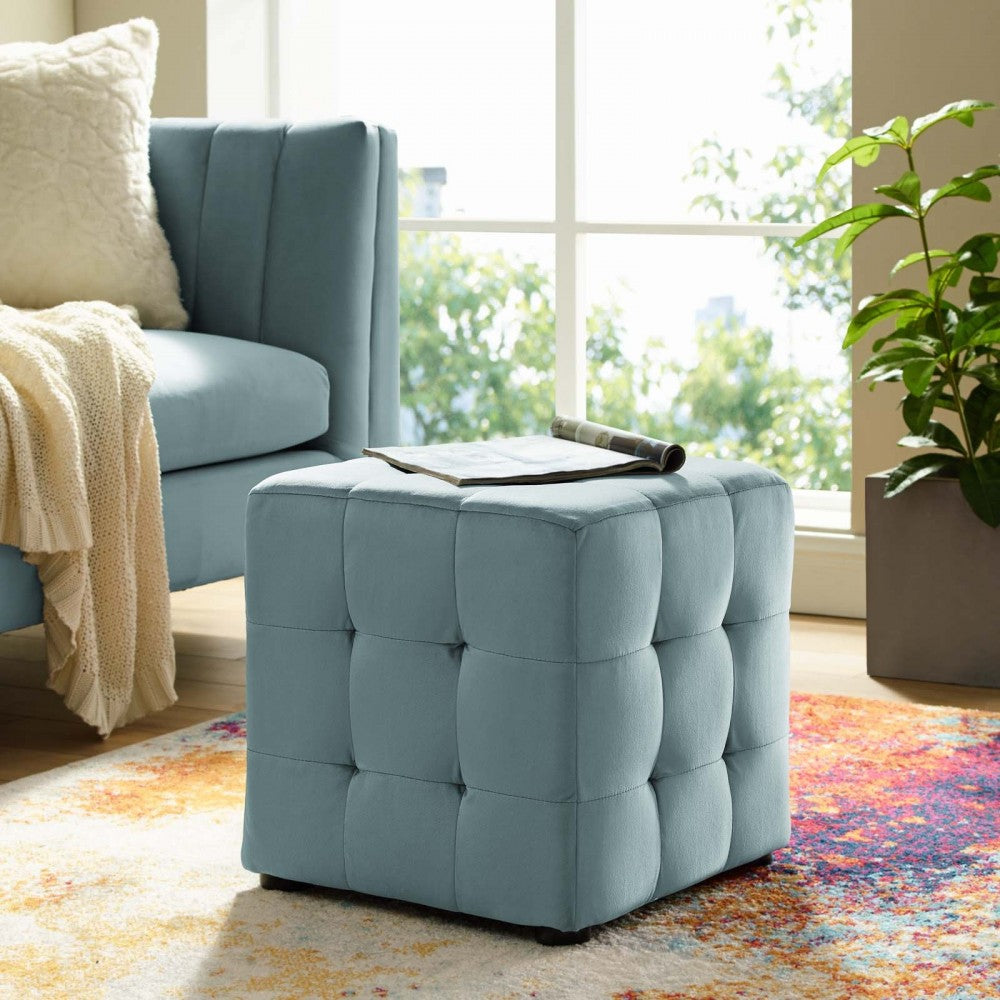 Contour Tufted Cube Performance Velvet Ottoman, Light Blue