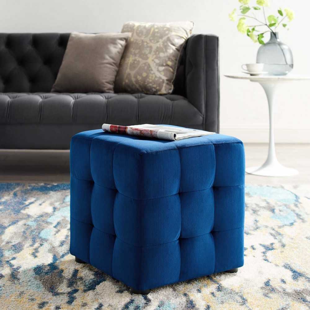 Contour Tufted Cube Performance Velvet Ottoman, Navy