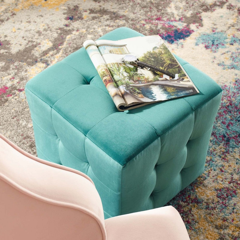 Contour Tufted Cube Performance Velvet Ottoman, Teal