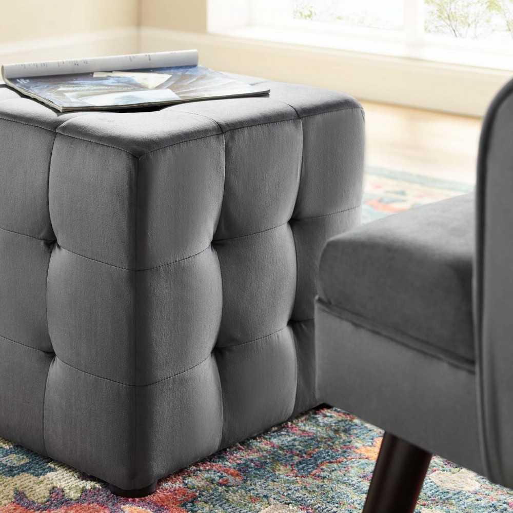Contour Tufted Cube Performance Velvet Ottoman, Gray