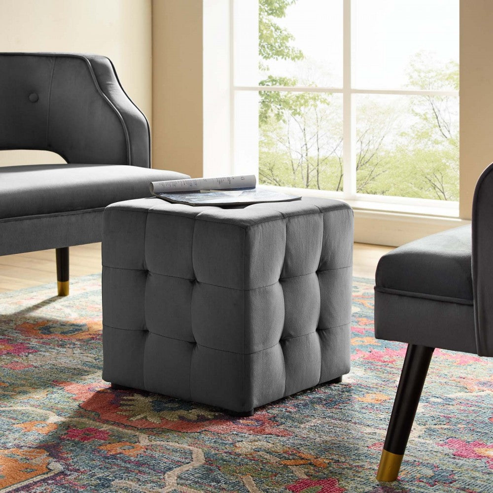 Contour Tufted Cube Performance Velvet Ottoman, Gray