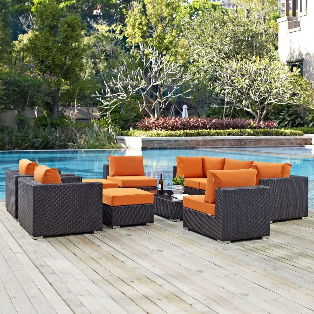 Convene 10 Piece Outdoor Patio Sectional Set, Espresso Orange