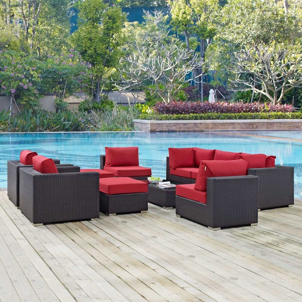 Convene 10 Piece Outdoor Patio Sectional Set, Espresso Red