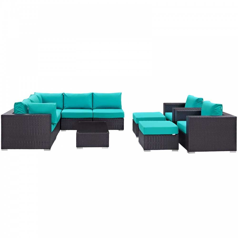 Convene 10 Piece Outdoor Patio Sectional Set, Espresso Turquoise