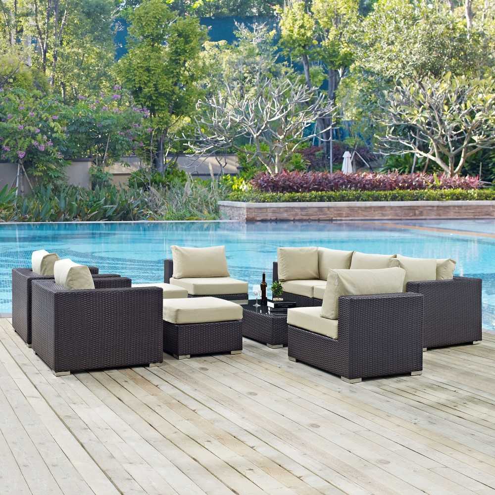 Convene 10 Piece Outdoor Patio Sectional Set, Espresso Beige