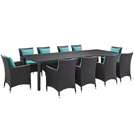 Convene 11 Piece Outdoor Patio Dining Set, Espresso Turquoise, EEI-2219-EXP-TRQ-SET