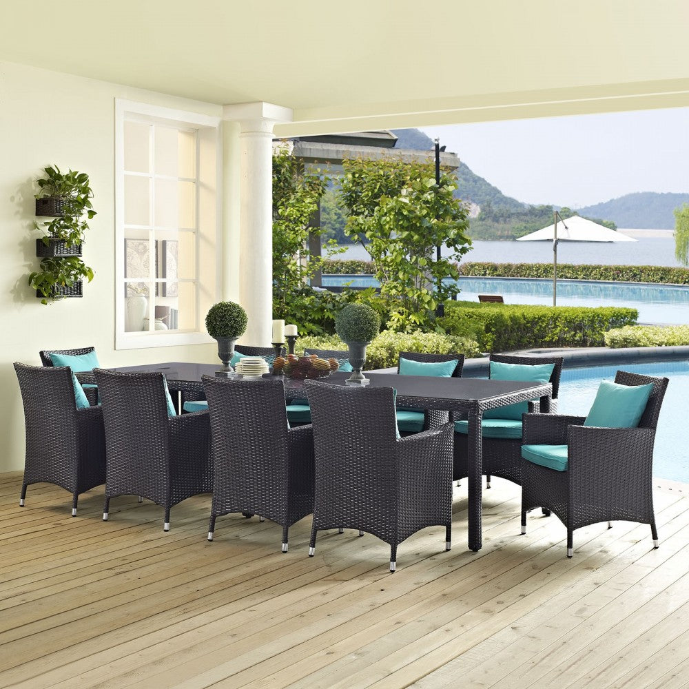 Convene 11 Piece Outdoor Patio Dining Set, Espresso Turquoise, EEI-2219-EXP-TRQ-SET