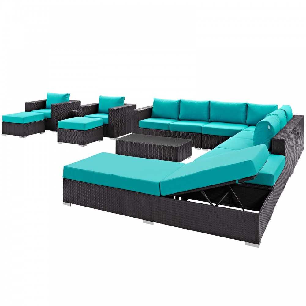 Convene 12 Piece Outdoor Patio Sectional Set, Espresso Turquoise