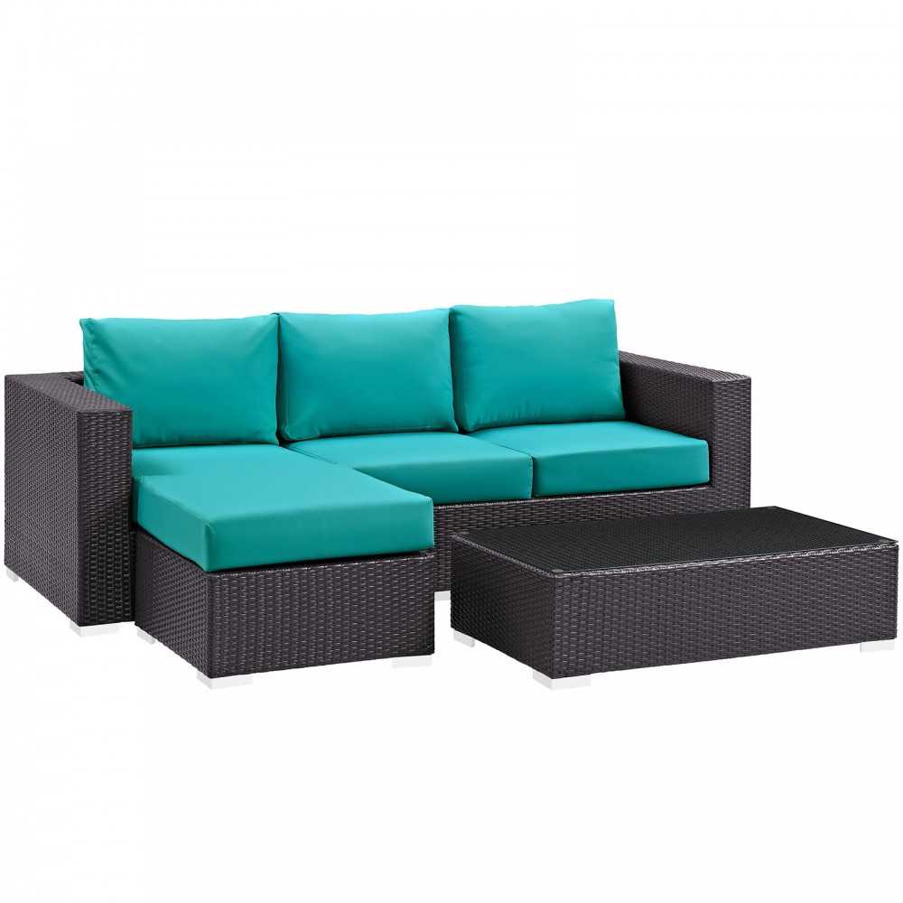 Convene 3 Piece Outdoor Patio Sofa Set, Espresso Turquoise, EEI-2178-EXP-TRQ-SET