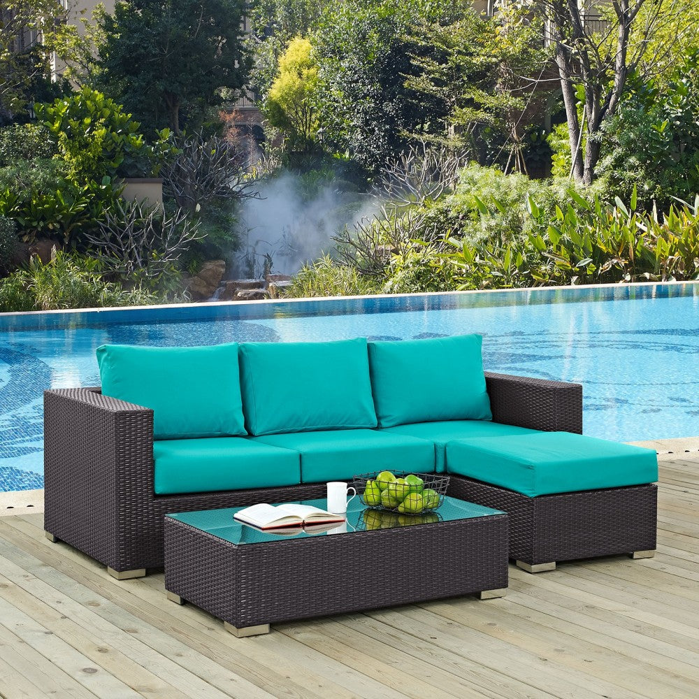 Convene 3 Piece Outdoor Patio Sofa Set, Espresso Turquoise, EEI-2178-EXP-TRQ-SET