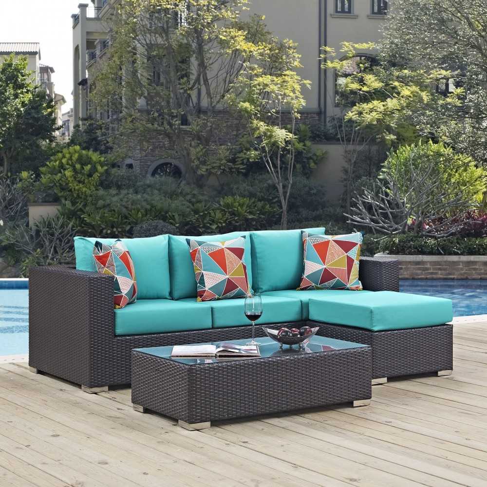 Convene 3 Piece Outdoor Patio Sofa Set, Espresso Turquoise, EEI-2364-EXP-TRQ-SET