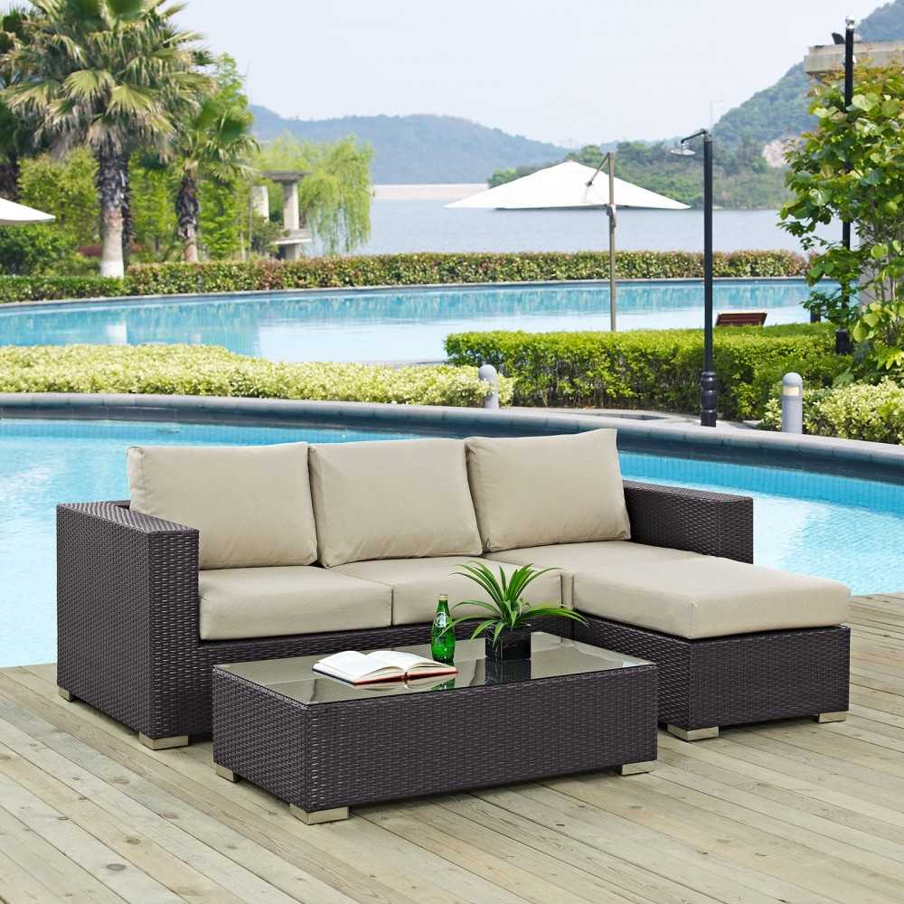 Convene 3 Piece Outdoor Patio Sofa Set, Espresso Beige, EEI-2178-EXP-BEI-SET