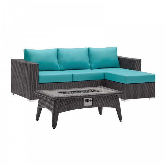 Convene 3 Piece Set Outdoor Patio with Fire Pit, Espresso Turquoise, EEI-3724-EXP-TRQ-SET