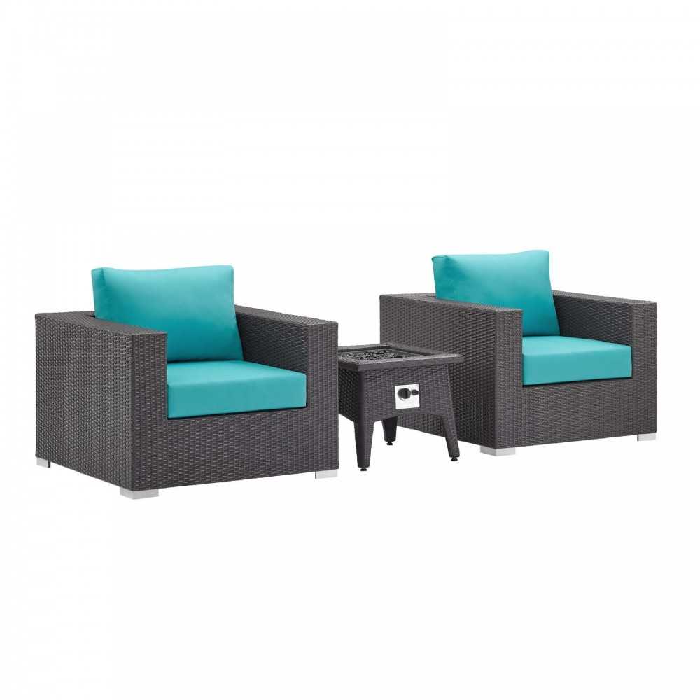 Convene 3 Piece Set Outdoor Patio with Fire Pit, Espresso Turquois