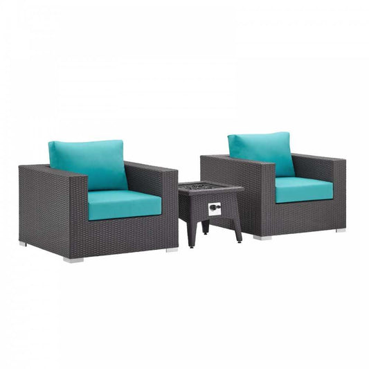 Convene 3 Piece Set Outdoor Patio with Fire Pit, Espresso Turquois