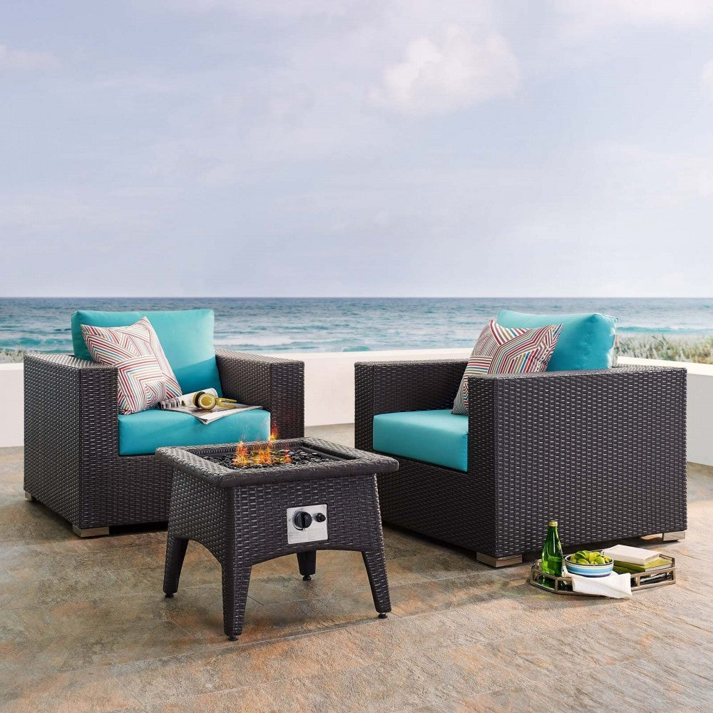 Convene 3 Piece Set Outdoor Patio with Fire Pit, Espresso Turquois