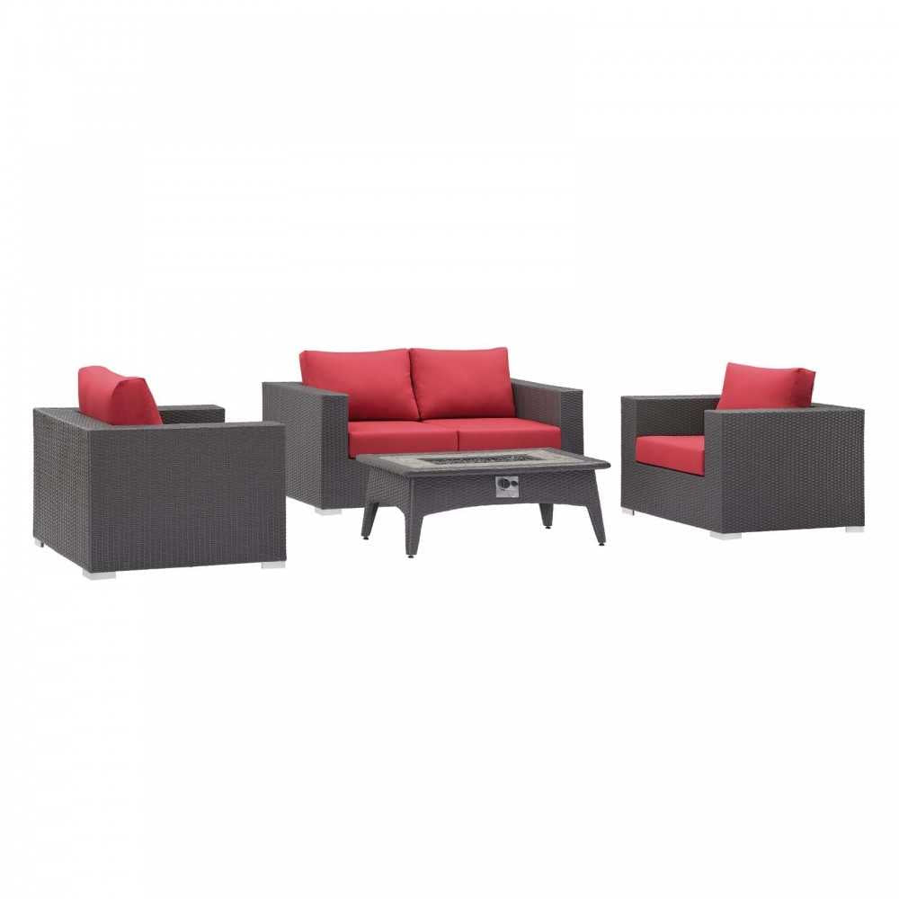 Convene 4 Piece Set Outdoor Patio with Fire Pit, Espresso Red