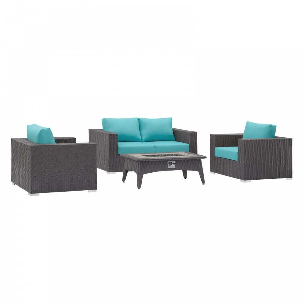 Convene 4 Piece Set Outdoor Patio with Fire Pit, Espresso Turquoise