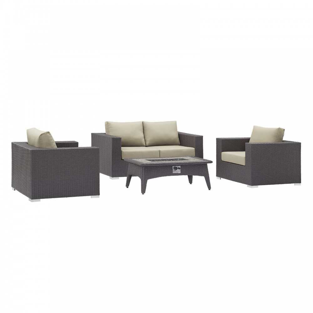 Convene 4 Piece Set Outdoor Patio with Fire Pit, Espresso Beige