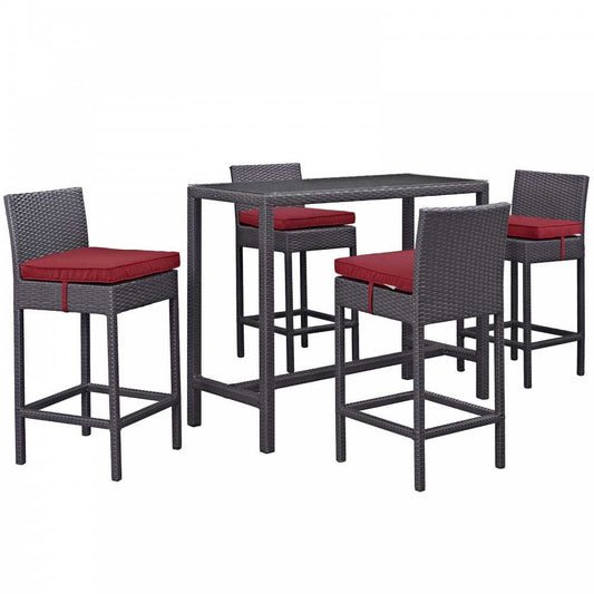 Convene 5 Piece Outdoor Patio Pub Set, Espresso Red, EEI-1964-EXP-RED-SET