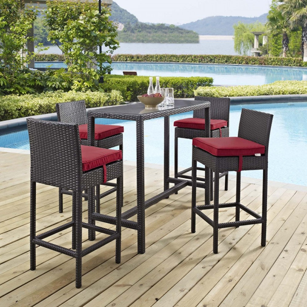 Convene 5 Piece Outdoor Patio Pub Set, Espresso Red, EEI-1964-EXP-RED-SET