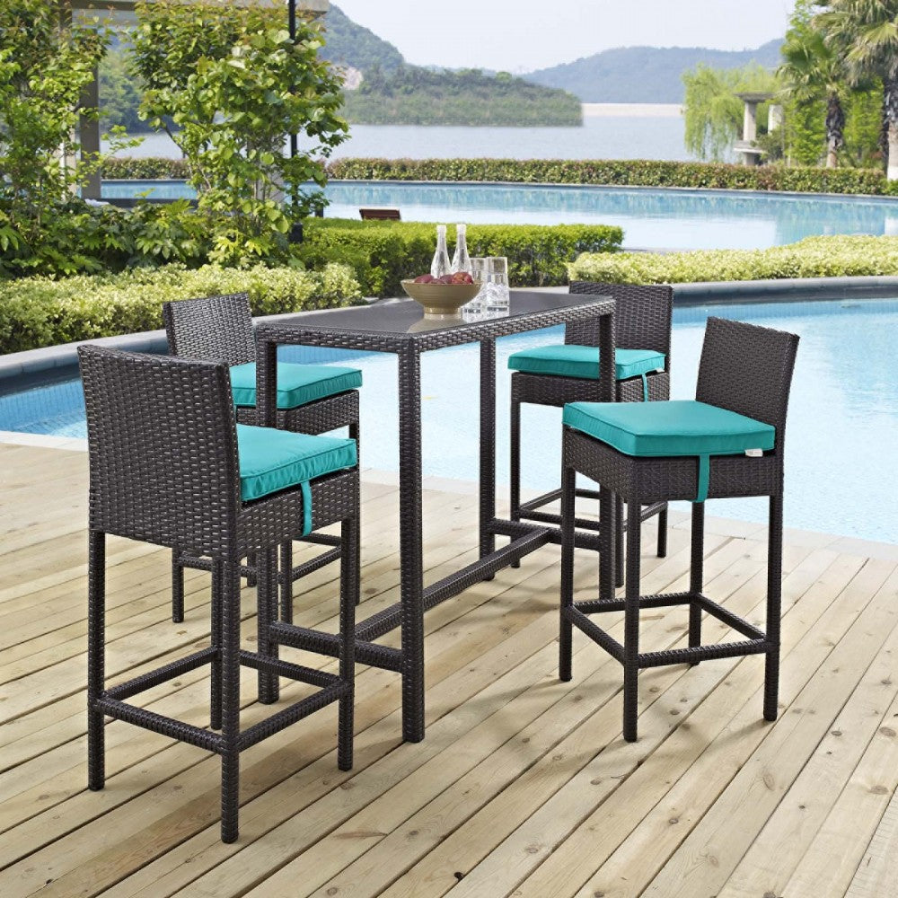 Convene 5 Piece Outdoor Patio Pub Set, Espresso Turquoise, EEI-1964-EXP-TRQ-SET