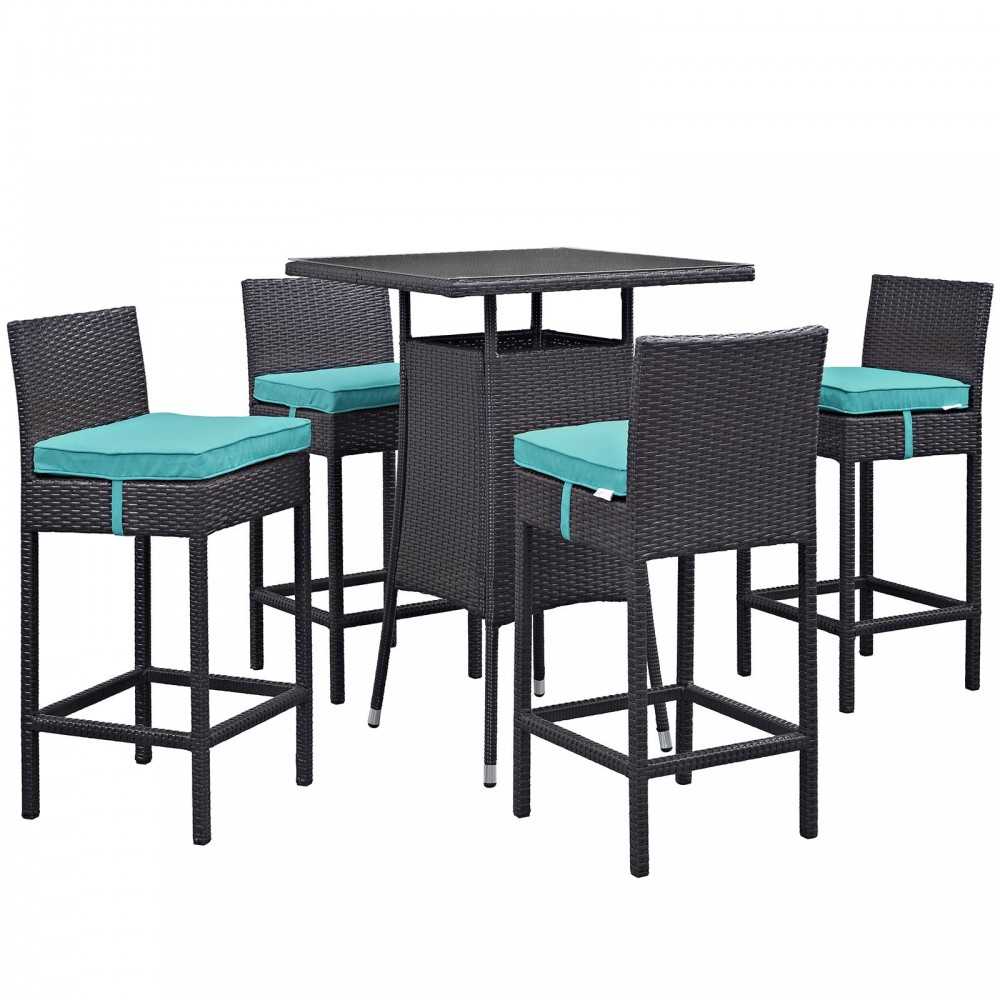 Convene 5 Piece Outdoor Patio Pub Set, Espresso Turquoise, EEI-1963-EXP-TRQ-SET