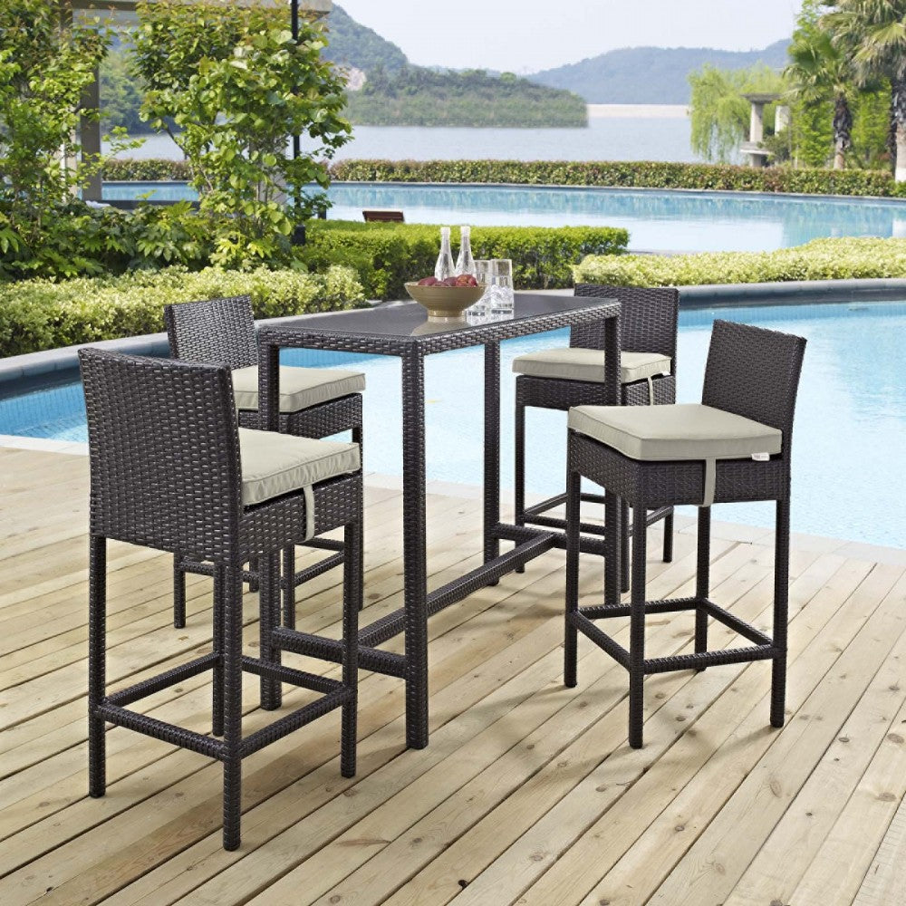 Convene 5 Piece Outdoor Patio Pub Set, Espresso Beige, EEI-1964-EXP-BEI-SET