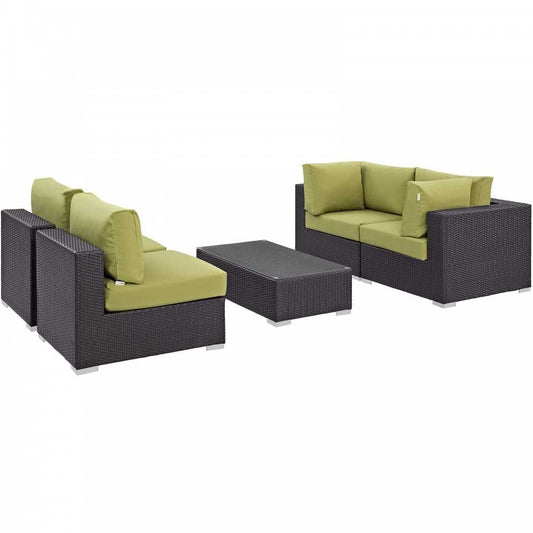 Convene 5 Piece Outdoor Patio Sectional Set, Espresso Peridot, EEI-2163-EXP-PER-SET