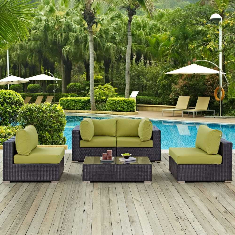 Convene 5 Piece Outdoor Patio Sectional Set, Espresso Peridot, EEI-2163-EXP-PER-SET