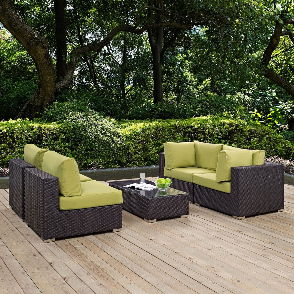 Convene 5 Piece Outdoor Patio Sectional Set, Espresso Peridot, EEI-2163-EXP-PER-SET