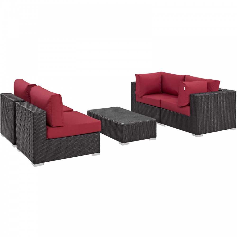 Convene 5 Piece Outdoor Patio Sectional Set, Espresso Red, EEI-2163-EXP-RED-SET