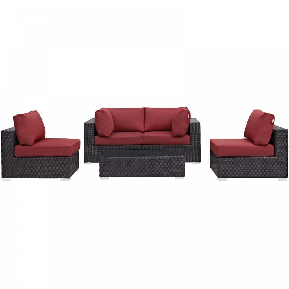 Convene 5 Piece Outdoor Patio Sectional Set, Espresso Red, EEI-2163-EXP-RED-SET