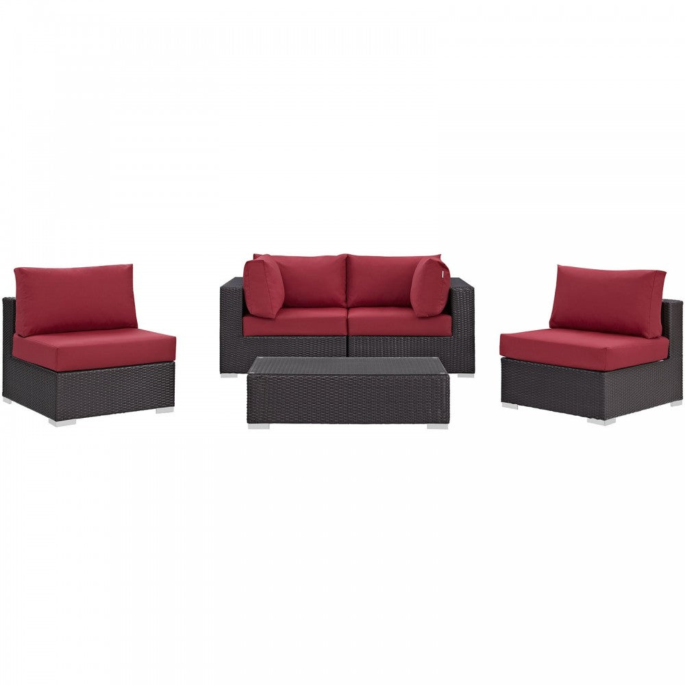 Convene 5 Piece Outdoor Patio Sectional Set, Espresso Red, EEI-2163-EXP-RED-SET