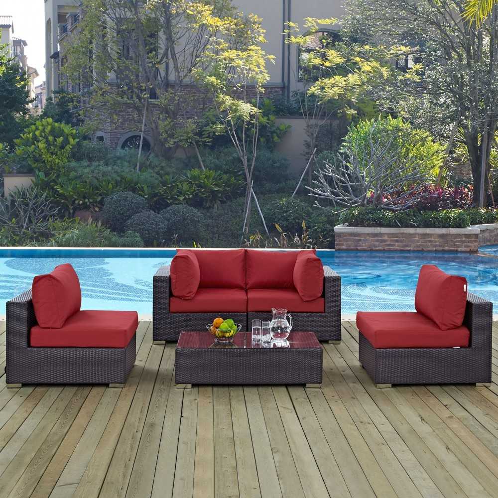 Convene 5 Piece Outdoor Patio Sectional Set, Espresso Red, EEI-2163-EXP-RED-SET