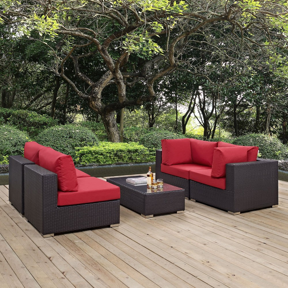 Convene 5 Piece Outdoor Patio Sectional Set, Espresso Red, EEI-2163-EXP-RED-SET