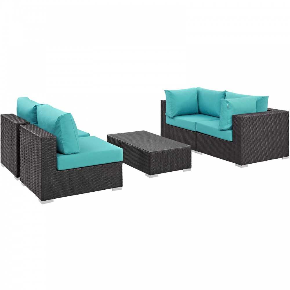 Convene 5 Piece Outdoor Patio Sectional Set, Espresso Turquoise, EEI-2163-EXP-TRQ-SET