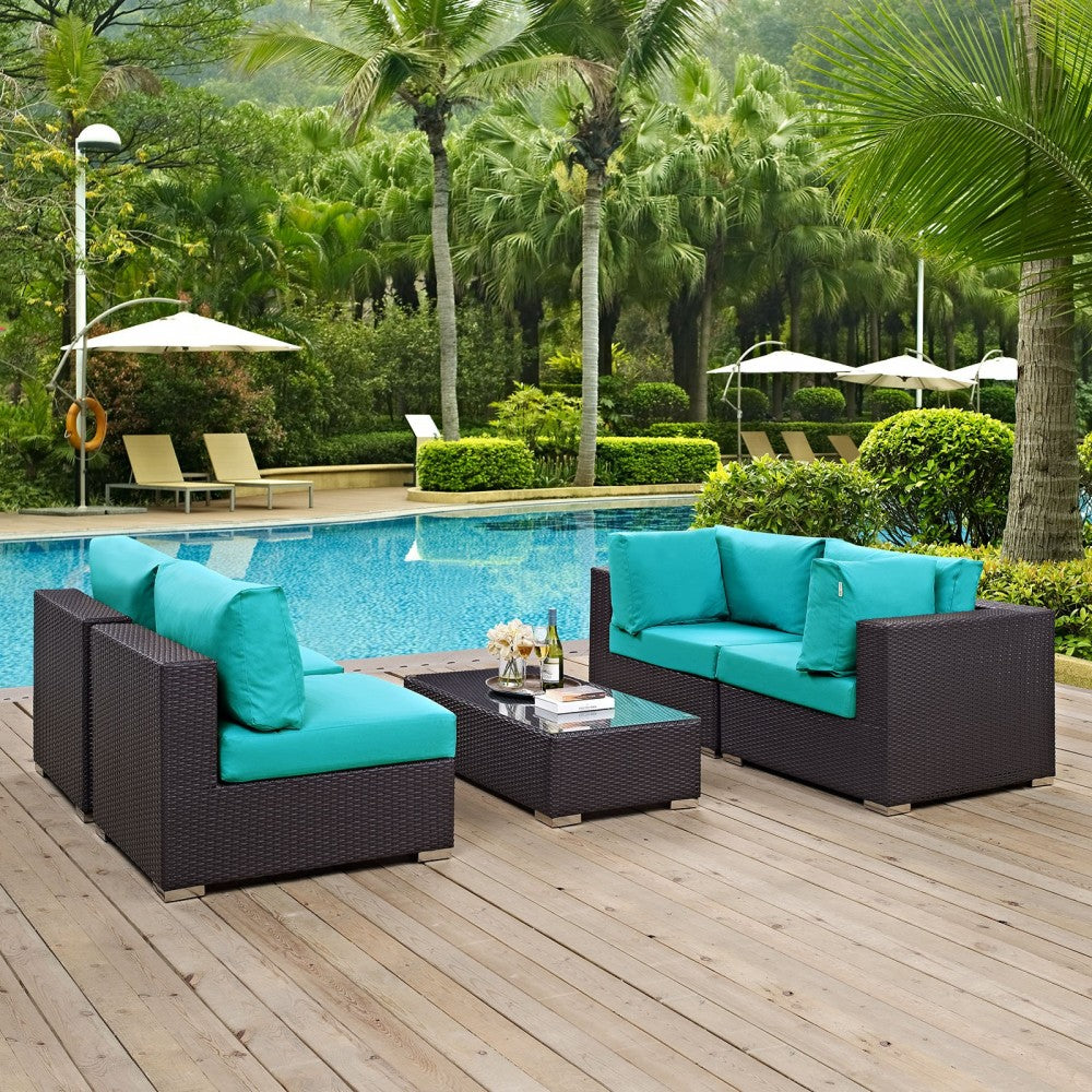 Convene 5 Piece Outdoor Patio Sectional Set, Espresso Turquoise, EEI-2163-EXP-TRQ-SET