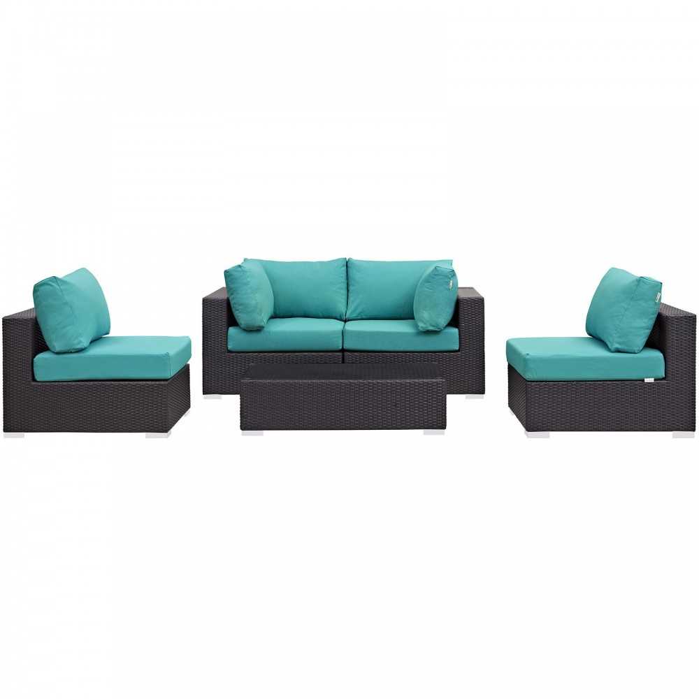 Convene 5 Piece Outdoor Patio Sectional Set, Espresso Turquoise, EEI-2163-EXP-TRQ-SET