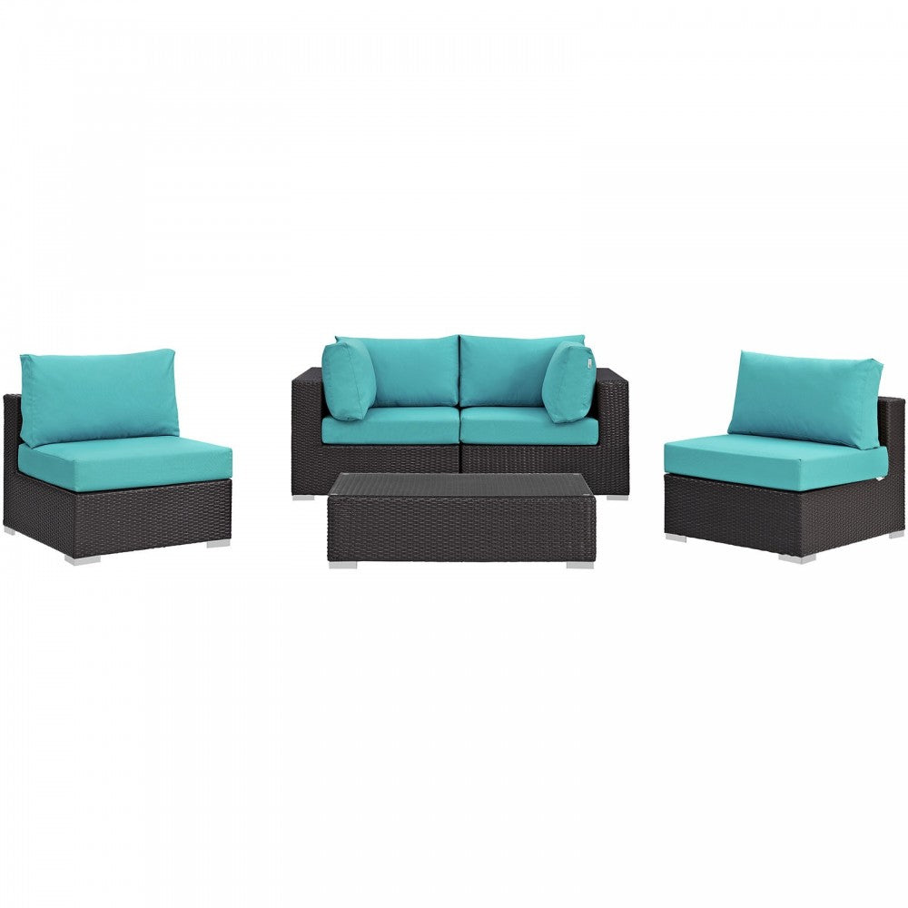 Convene 5 Piece Outdoor Patio Sectional Set, Espresso Turquoise, EEI-2163-EXP-TRQ-SET