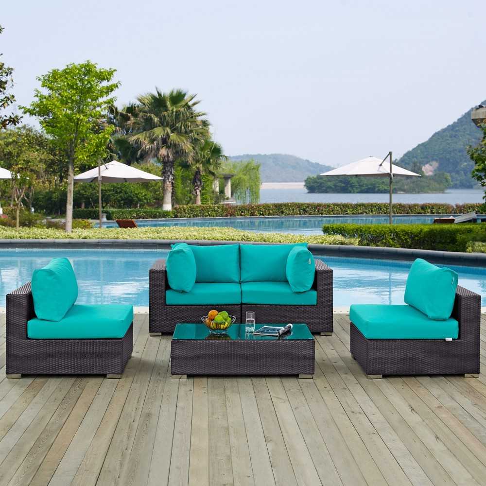 Convene 5 Piece Outdoor Patio Sectional Set, Espresso Turquoise, EEI-2163-EXP-TRQ-SET