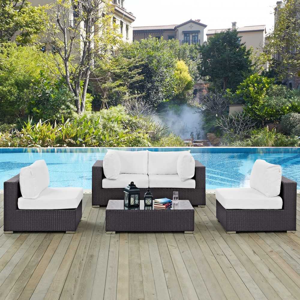 Convene 5 Piece Outdoor Patio Sectional Set, Espresso White, EEI-2163-EXP-WHI-SET