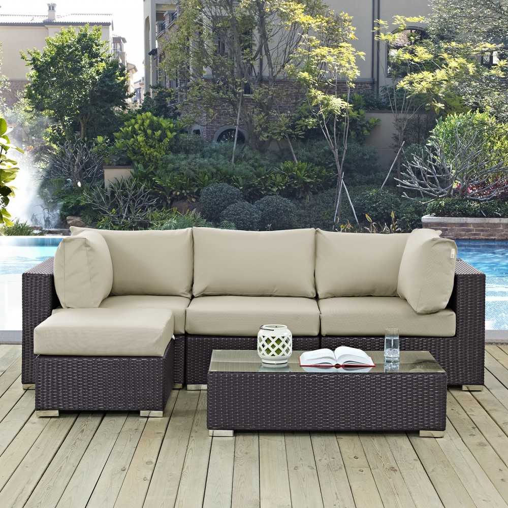 Convene 5 Piece Outdoor Patio Sectional Set, Espresso Beige, EEI-2172-EXP-BEI-SET