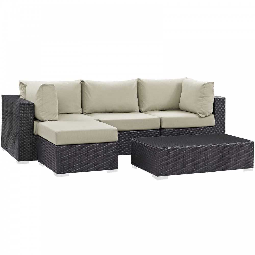 Convene 5 Piece Outdoor Patio Sectional Set, Espresso Beige, EEI-2172-EXP-BEI-SET