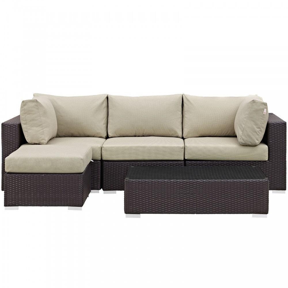 Convene 5 Piece Outdoor Patio Sectional Set, Espresso Beige, EEI-2172-EXP-BEI-SET