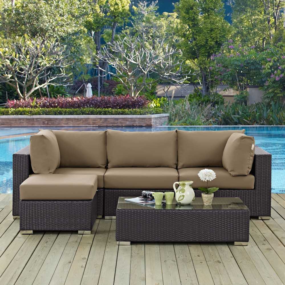 Convene 5 Piece Outdoor Patio Sectional Set, Espresso Mocha, EEI-2172-EXP-MOC-SET