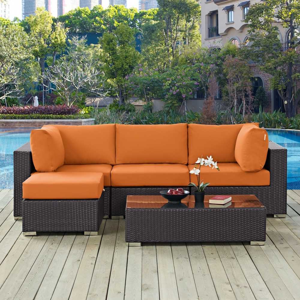 Convene 5 Piece Outdoor Patio Sectional Set, Espresso Orange, EEI-2172-EXP-ORA-SET